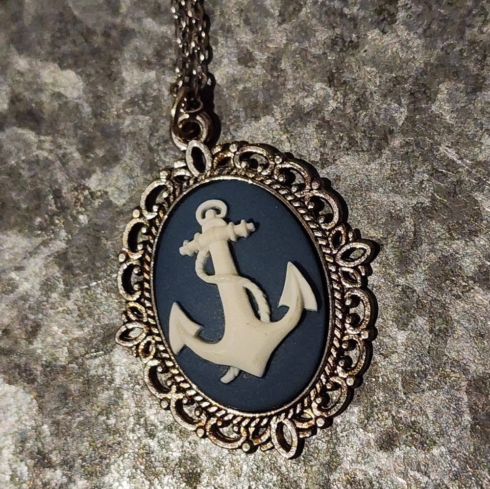 Blue and White Anchor Cameo Necklace